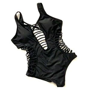 black one piece suit with scrunch butt